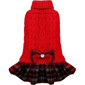 KYEESE Dog Sweater Dress for Small Dogs with Bowtie Buffalo Check Red Turtleneck Dog Pullover Knitwear Puppy Cat Sweater Beige