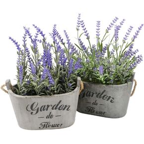 Butterfly Craze Artificial Lavender Plants in Rustic Wooden Planters - Lifelike, Stunning Faux Silk Purple Flowers Perfect for Elevating Your Patio, Home Décor, or Office (Set of Two), White Pots
