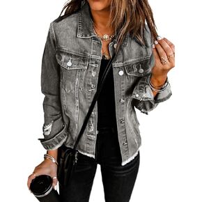 EVALESS Womens Boyfriend Washed Crop Denim Jean Jacket Coat