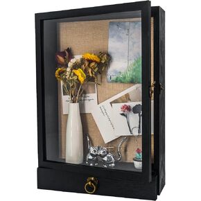 FramePro 11x16 Deep Shadow Box Frame with Drawer and Soft Line Back, Wooden Display Case Memory Box Real Glass for Keepsakes Collections, Medals, Bouquet Wall or Tabletop