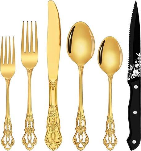 Black Silverware Set For 8, Ollex 48 PCS Retro Royal Silverware Flatware Set with Black Spoons Forks Knives Set, Mirror Polished Stainless Steel vintage Utensils Set, Dishwasher Safe in Saudi Arabia