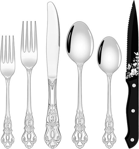 Black Silverware Set For 8, Ollex 48 PCS Retro Royal Silverware Flatware Set with Black Spoons Forks Knives Set, Mirror Polished Stainless Steel vintage Utensils Set, Dishwasher Safe in Saudi Arabia