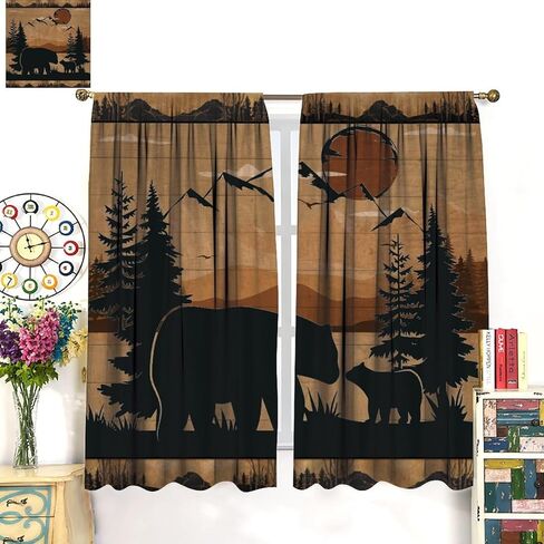 Autumn Rustic Landscape Curtains, Vintage Rural Forest Lakeside Wooden Log Cabin Wild Animal Deer, Blackout Rod Pocket Window Drapes for Living Room Bedroom (21x45in) x2 Panels in Kuwait