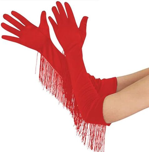 قفازات Kakaco النسائية من الساتان، قفازات طويلة بشراشيب، قفازات للكوع هامشية، قفازات تنكرية للحفلات المسائية للنساء والفتيات in Kuwait