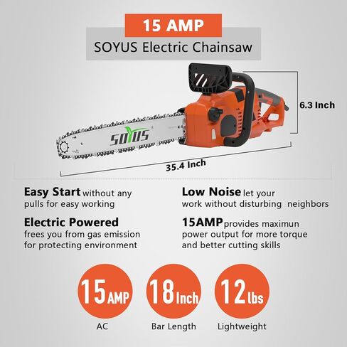 منشار كهربائي SOYUS، منشار كهربائي سلكي 18 بوصة 15 أمبير، منشار كهربائي منخفض الارتداد 15 متر/الثانية لقطع خشب الأشجار، توتر سلسلة بدون أدوات in Kuwait