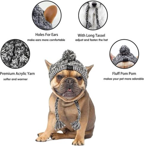 Polar Pom Pom Hat, Warm Pet Dog Knitted Hat,Pet Dog Winter Knitted Hat, Hats for Small Dogs, Winter Dog Hat with Ear Holes and Long Tassel, Grey (Large) in Saudi Arabia