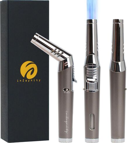 Pen Torch Lighter - Refillable Single Flame Butane Torch Lighter for Candle, & Cooking w/Adjustable Flame & Ignition Lock - Luxurious Handheld Camping Lighter & Gift Box by inZaynity - Black & Steel in Saudi Arabia