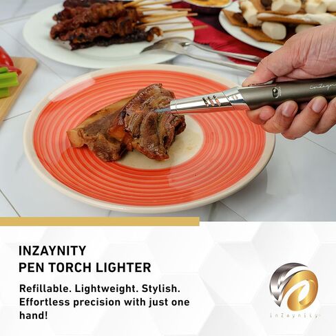 Pen Torch Lighter - Refillable Single Flame Butane Torch Lighter for Candle, & Cooking w/Adjustable Flame & Ignition Lock - Luxurious Handheld Camping Lighter & Gift Box by inZaynity - Black & Steel in Saudi Arabia