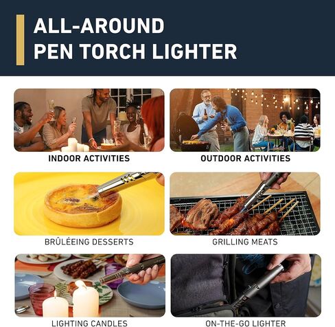 Pen Torch Lighter - Refillable Single Flame Butane Torch Lighter for Candle, & Cooking w/Adjustable Flame & Ignition Lock - Luxurious Handheld Camping Lighter & Gift Box by inZaynity - Black & Steel in Saudi Arabia