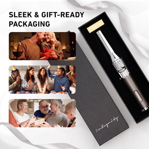 Pen Torch Lighter - Refillable Single Flame Butane Torch Lighter for Candle, & Cooking w/Adjustable Flame & Ignition Lock - Luxurious Handheld Camping Lighter & Gift Box by inZaynity - Black & Steel in Saudi Arabia