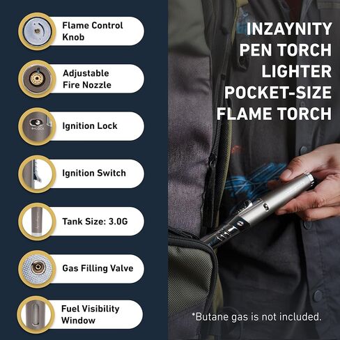 Pen Torch Lighter - Refillable Single Flame Butane Torch Lighter for Candle, & Cooking w/Adjustable Flame & Ignition Lock - Luxurious Handheld Camping Lighter & Gift Box by inZaynity - Black & Steel in Saudi Arabia