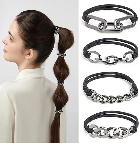 Black Bracelet Hair Ties for Women and Men - 4 PCSFashion Jewelry Hair Elastics & Ties for Girls Favorite Things with Beige Elastic in Saudi Arabia