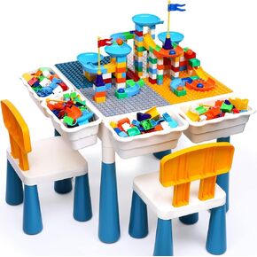 arscniek 7 in 1 Kids Activity Table and Chair Set with 152Pcs Large Marble Run Building Blocks, Sand/Water Table, Toddler Learning Play Table Toys for Girls Boys Toddler Age 3-7