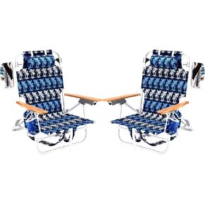 2 Pack Backpack Beach Chairs for Adults Capacity 300 Lb Low 5 Position Beach Chair with Pouch Straps Folding Lightweight Reclining Aluminum (2 pcs Black Print)