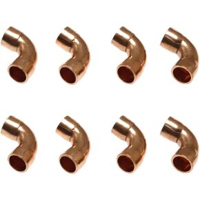 RLECS 8PCS 3/8inch ID 90 Degree Copper Elbow Short-Turn Copper Pipe Fitting Connector Copper Coupling Fittings for Plumbing, 9.52x0.9