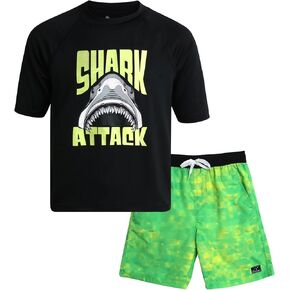Big Chill Boys' Rash Guard Set - 2 Piece UPF 50+ Sun Protection Swim Shirt and Bathing Suit (4-14), Size 14, Black/Blue Shark