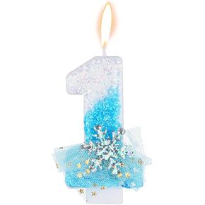 Birthday Number Candle, Shiny Ice and Snow Themed Blue and White Frozen Cake Candles Bluey Snowflake Winter Style Birthday Candles Elsa Party Birthday Celebration Decoration Supplies(Number 5)