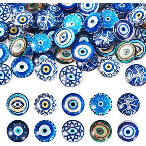 Pandahall 60Pcs Evil Eye Glass Cabochons 12mm Half Round Flatback Glass Dome Cabochons Lucky Evil Eye Glass Cameo Gem Cover Beads for Cameo Pendant Props Photo Jewelry Making