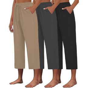 3 PACK Womens Capri Pants Loose Yoga Pants Wide Leg Drawstring Comfy Lounge Pajama Capris Loose Sweatpants with Pocket