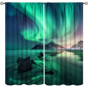 Northern Lights Forest Curtains,Northern Lights Aurora Borealis Cute Blackout Rod Pocket Curtain Living Room Bedroom Kitchen Thermal Insulated Window Drapes Set 42x54 Inch