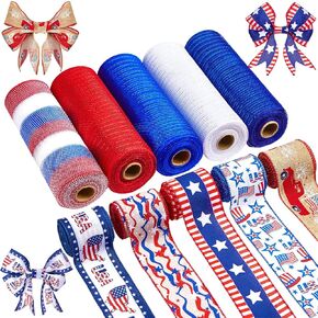 10 Rolls 4th of July 10inX10 Yard Mesh Ribbon and 2.5inX7 Yard Patriotic Star Stripe Wired Ribbon Rolls Metallic Foil Red White Blue Decoration Ribbon for DIY Wrapping Crafts Wreath Party Home Decor