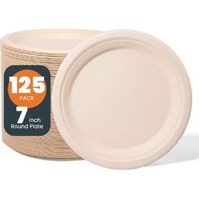 100% Compostable Plates, Disposable Paper Plates 125-Count - Heavy Duty, Biodegradable Plates Made of Bagasse - Eco Friendly and Sustainable (Natural, 9 inch)