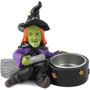 Halloween Candle Holder Spooky Witch with Broom Tealight Candle Holder Scary Halloween Decorations - Skeleton Skull Candle Holder for Bedroom Living Room Mantel Shelf Tabletop Décor