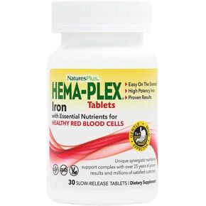 NaturesPlus Hema-Plex Iron - 30 قرصًا بطيء الإطلاق - 85 مجم من الحديد الأولي + فيتامين C والبيوفلافونويد لخلايا الدم الحمراء الصحية - نباتي، خالي من الغلوتين - 30 وجبة