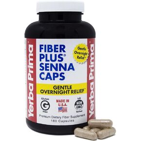 Yerba Prima Fiber Plus Senna Capsules, 180 Count - Gentle Overnight Relief, USA Made, Non-GMO, Gluten-Free
