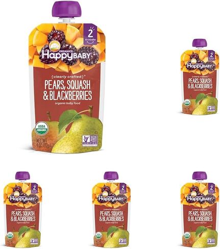 Happy Baby Organics Stage 2 Baby Food Pouches, Gluten Free, Vegan & Healthy Snack, Clearly Crafted Fruit & Veggie Puree, Pear Squash & Blackberries, 4 Ounces (Pack of 1) in Saudi Arabia