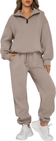 Trendy Queen Womens 2 Piece Outfits Long Sleeve Sweatsuits Sets Half Zip Sweatshirts with Joggers Sweatpants in Saudi Arabia