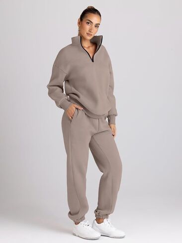 Trendy Queen Womens 2 Piece Outfits Long Sleeve Sweatsuits Sets Half Zip Sweatshirts with Joggers Sweatpants in Saudi Arabia