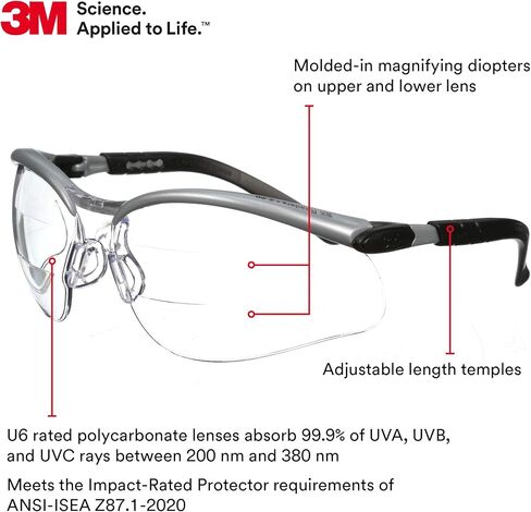 3M Safety Glasses, BX Dual Readers, +2.0, ANSI Z87, Anti-Fog Clear Lens, Silver/Black Frame, Adjustable Length Temples and Lens Angle in Saudi Arabia