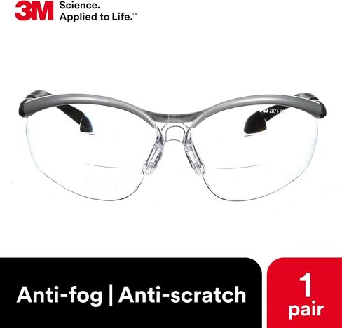 3M Safety Glasses, BX Dual Readers, +2.0, ANSI Z87, Anti-Fog Clear Lens, Silver/Black Frame, Adjustable Length Temples and Lens Angle in Saudi Arabia