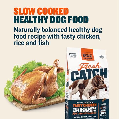 Bully Max Classic وصفة الدجاج الطازج والأرز والأسماك - طعام مغذٍ للجراء والكلاب مطبوخ ببطء، طعام صحي للكلاب كبير الحجم، طعام طبيعي للكلاب مع فيتامينات ومعادن ومغذيات مضافة، 12 رطلًا in Kuwait
