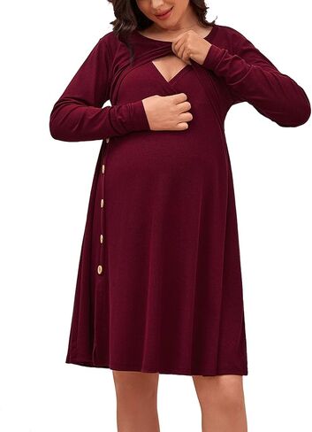 فستان حمل نسائي من DEBELLY للرضاعة الطبيعية بأكمام طويلة ورقبة دائرية ناعمة مضلعة فستان رضاعة بطول الركبة فساتين ماما in Kuwait