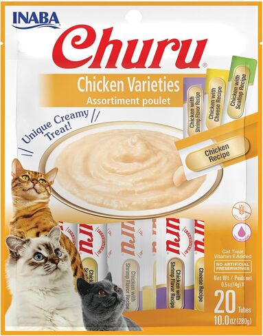 INABA Churu Cat Treats, Grain-Free, Lickable, Squeezable Creamy Purée Cat Treat/Topper with Vitamin E & Taurine, 0.5 Ounces Each Tube, 50 Tubes, Tuna & Chicken Variety in Kuwait