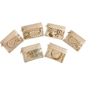Travel Jewelry Case, Small Travel Jewelry Box with 6 Velvet Jewelry Bag Mini Pouch, Portable Travel Jewelry Organizer for Rings Earrings Necklaces, Beauty Gifts for Women Girls (Beige)