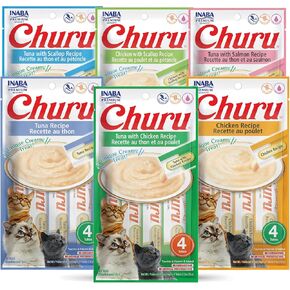 INABA Churu Lickable Purée Wet Treat for Cats - No Grains, No Preservatives, with Added Vitamin E and Green Tea - 6 Flavor Pack of 24 Tubes