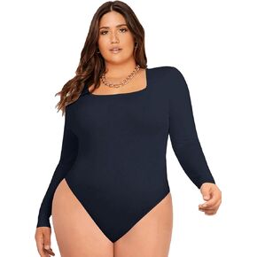 SOLY HUX Womens Plus Size Long Sleeve Bodysuit Square Neck Jumpsuit T Shirt Casual Basic Fitted Tops