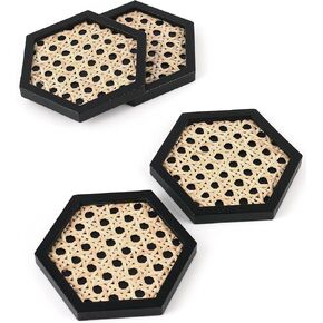 Unique Wooden Rattan Coasters | Stylish Rattan Decor to Protect Surfaces | Set of 4 | Classic Black Coasters for Drinks | Natural Handwoven Design (Round)