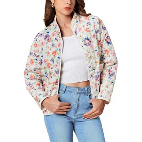 Jawmeu Women's Quilted Puffer Jacket Floral Printed Lightweight Cropped Open Front Cardigans Coats