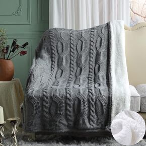 Amélie Home Reversible Sherpa Cable Knit Throw Blanket,Soft Cozy Warm Winter Fleece Throw Blankets for Couch Bed Living Room, Grey, 50x60