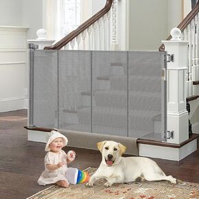 Reinforced Retractable Baby Gate for Stairs with Support Rods, 33" Tall, Extends up to 55" Wide, Mesh Dog Gate for The House, Retractable Pet Gate for Stairs, Doorways, Indoor/Outdoor (Gray)
