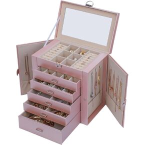 Jewelry Box for Women, 6 Layer Lockable Large Jewelry Holder Organizer with 5 Drawers for Jewelry Storage, Big Jewelry Box for Womens’ Christmas Gift (White)