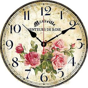 Toudorp Home 14 Inch Silent Non-Ticking Quartz Movement Wooden Round Battery Operated Indoor Decorative Vintage French Floral Wall Clock (Pink Roses)