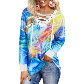 Fairy Season Tie Dye Shirt Women Long Sleeve Tunic Tops Casual V Neck Lace Up Pullover Blouse Loose Fit Fashion Clothes