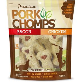 Pork Chomps Dog Chews, 4-inch Crunchy Bones, Bacon and Chicken Flavor, 12 Count