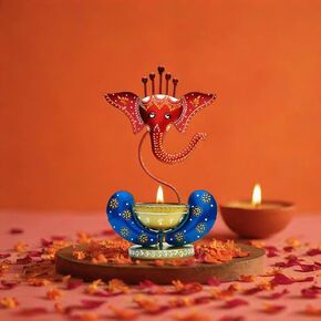 DIGGY ARTS Hand Crafted and Handpainted Multicolored Ganeshji with Diya and Tea Light Holder- Pooja and showpiece for Home Decor | Ganesha Oil Diya with Base | Diyas for Puja | Ganesha Gifting (Blue)