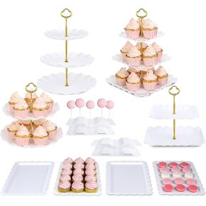 NWK Pack of 10 Cake Stand, Cupcake Stand, with 2x Large 2-Tier Cupcake Stands, 2x Large 3-Tier Cupcake Stands, 4 x Appetizer Trays, 2 x Cake Pop Stands, for Birthday Baby Shower Party Decorations